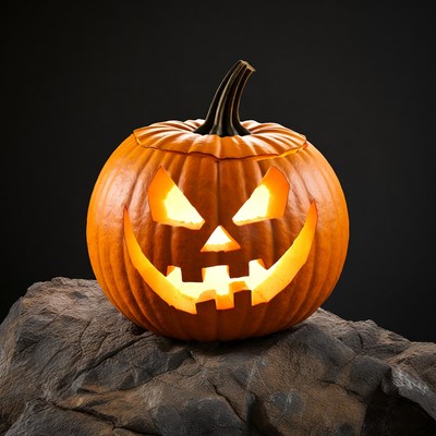 Lit Jack-o-Lantern on Rock