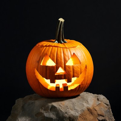 Lit Jack-o'-lantern on Rock