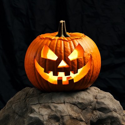 Lit Jack-o-Lantern on Rock