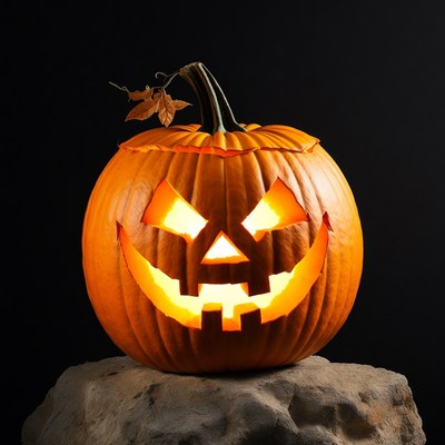 Lit Jack-o'-lantern on Rock
