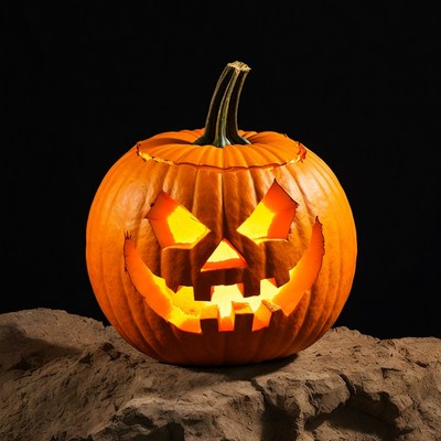 Lit Jack-o'-lantern on rocky surface