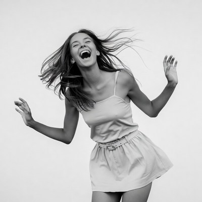 Young woman laughing with flowing hair