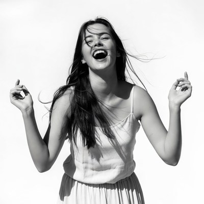 Young woman laughing with arms raised