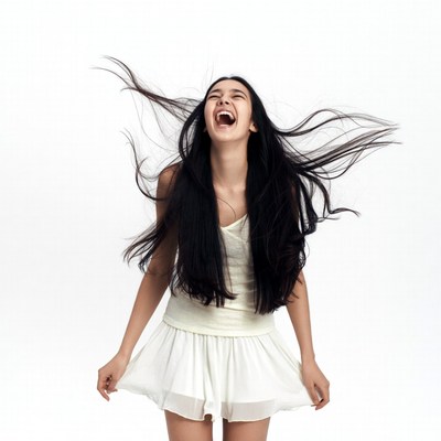 Asian woman laughing with flowing hair