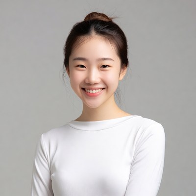 Asian woman smiling on gray background