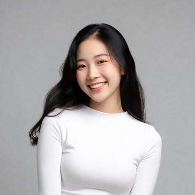 Smiling Asian woman in white turtleneck