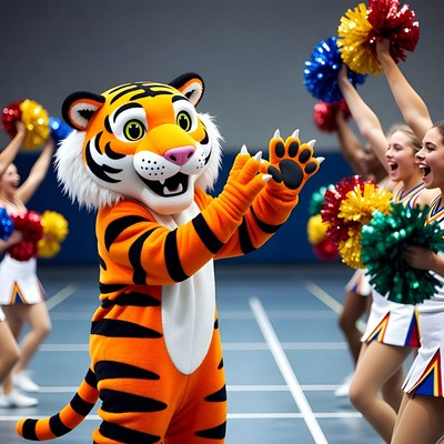 Tiger Mascot Cheering with Pom Pom Girls