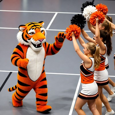 Tiger Mascot with Cheerleaders
