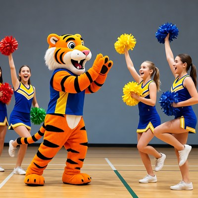 Tiger Mascot with Cheerleaders