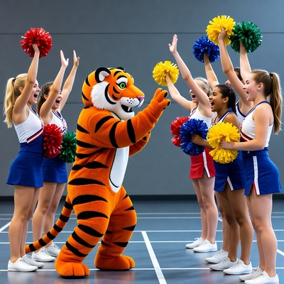 Tiger Mascot Cheering with Cheerleader Girls