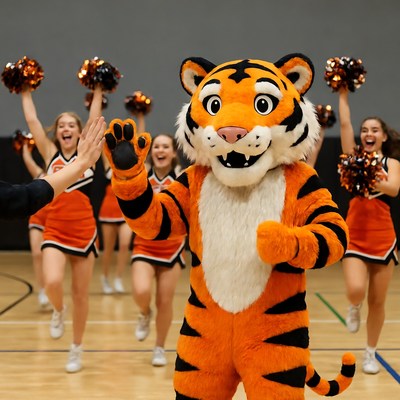 Tiger mascot waving with cheerleaders