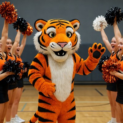Tiger mascot with cheerleaders