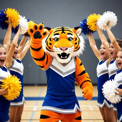 Tiger Mascot with Cheerleaders