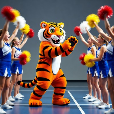 Tiger Mascot with Cheerleaders