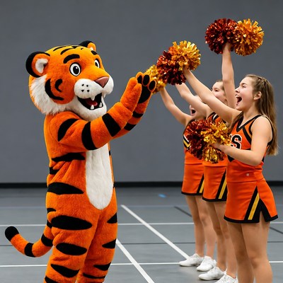 Tiger Mascot with Cheerleaders Holding Pom Poms