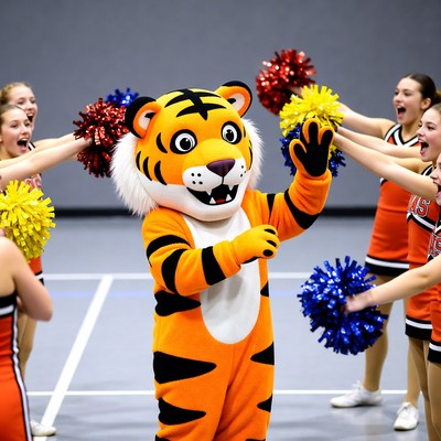 Tiger Mascot with Cheerleaders