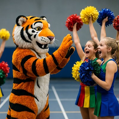 Tiger Mascot with Cheerleaders