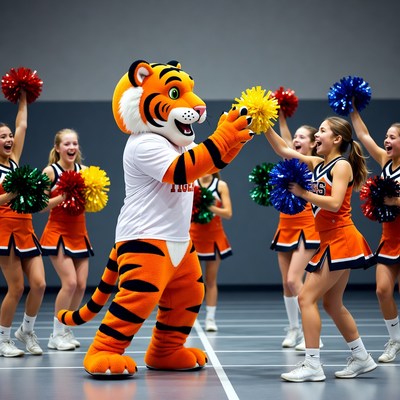 Tiger mascot with cheerleaders