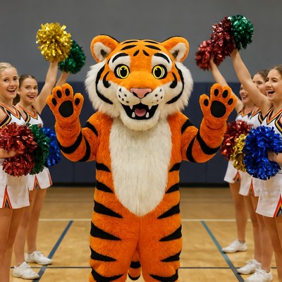 Tiger Mascot with Cheerleaders