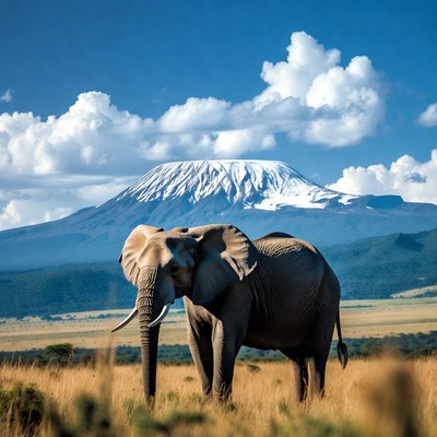 Elephant standing in savanna with Mount Kilimanjaro