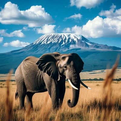 Elephant standing in grass with Mount Kilimanjaro