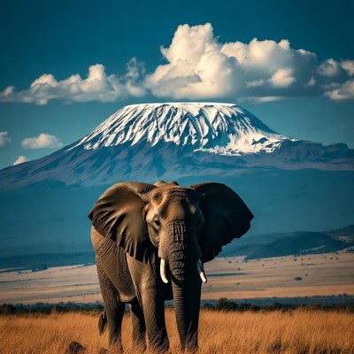 Elephant standing before Mount Kilimanjaro
