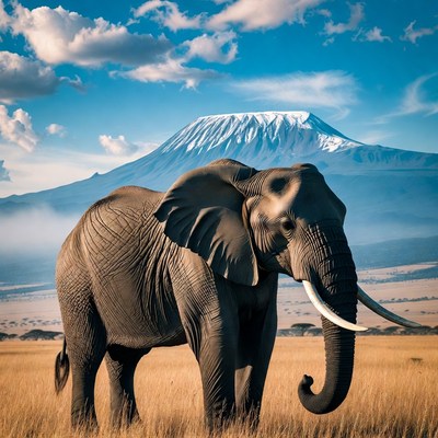 Elephant standing before Mount Kilimanjaro