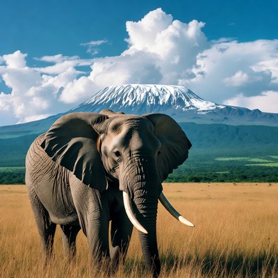 Elephant standing before Mount Kilimanjaro