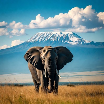 Elephant standing in grass with Mount Kilimanjaro