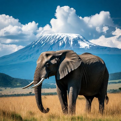 Elephant standing before Mount Kilimanjaro