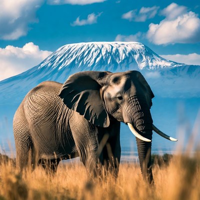 Elephant standing in front of Mount Kilimanjaro