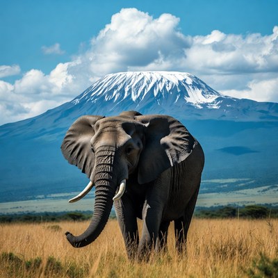 Elephant in front of Mount Kilimanjaro