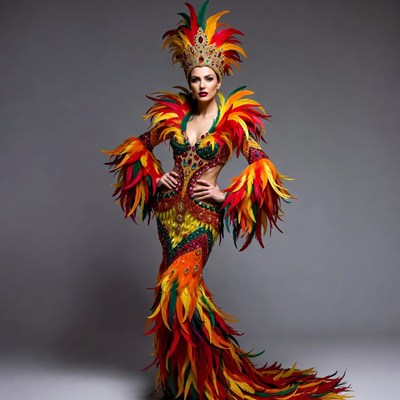 Woman in colorful feathered Carnival costume