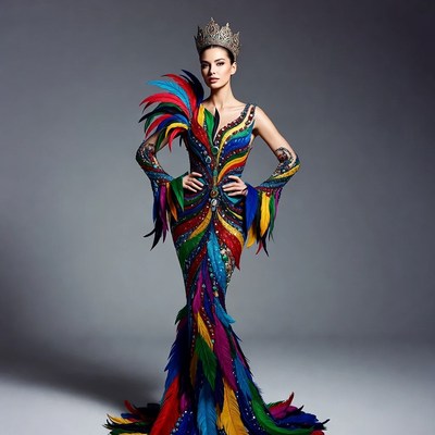 Woman in colorful feathered gown and crown