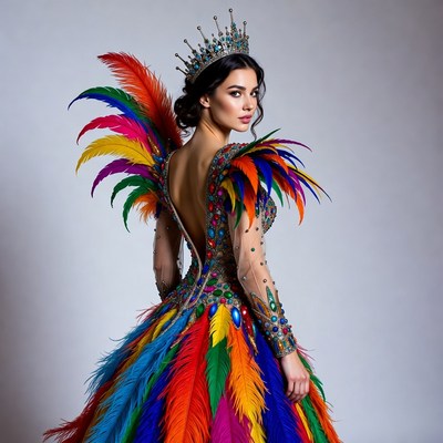 Woman in colorful feathered gown and crown