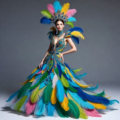 Woman in colorful feathered Carnival gown