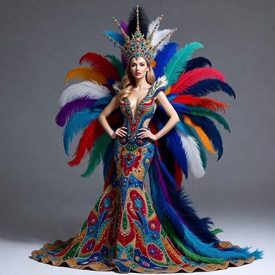 Blonde woman in colorful feathered carnival gown