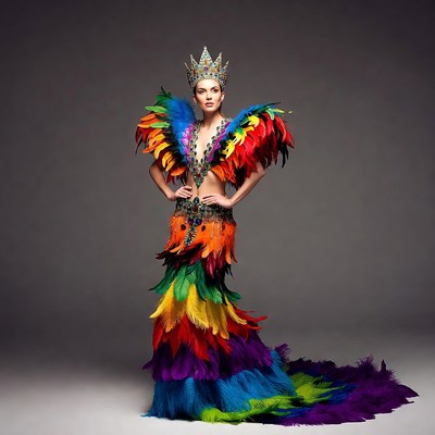 Woman in colorful feathered carnival costume