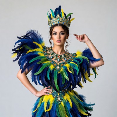 Woman in colorful feathered carnival headdress