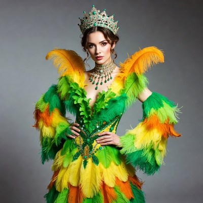 Woman in colorful feathered carnival gown