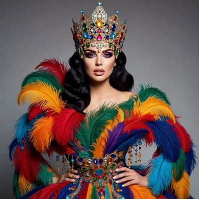 Woman in Jeweled Crown and Feathered Gown