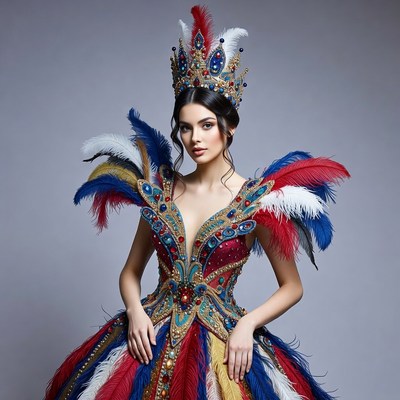 Woman in multicolored feathered gown and crown