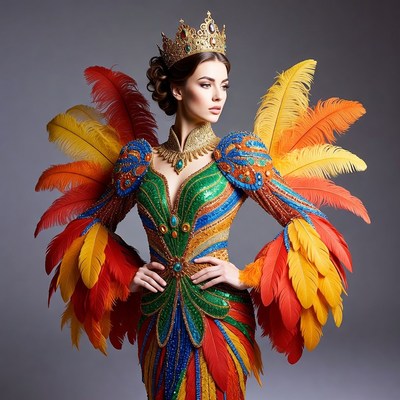 Woman in colorful feathered gown and crown