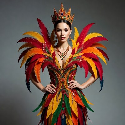 Woman in colorful feathered crown gown