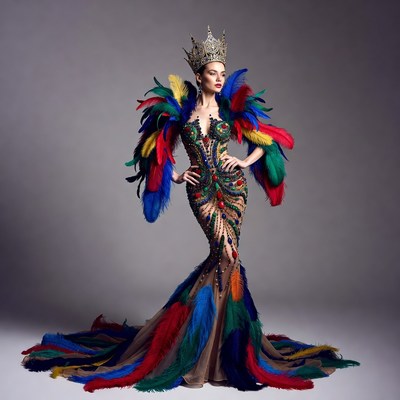 Woman in multicolored feathered gown and crown
