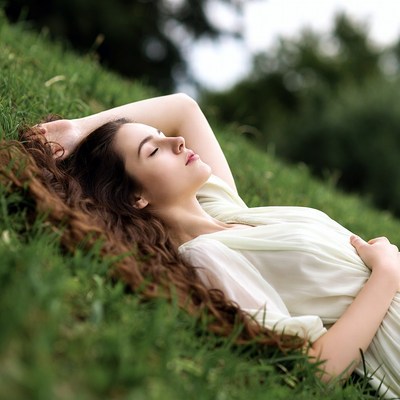 Woman lying on green grass hill