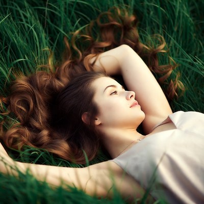 Woman lying in green grass