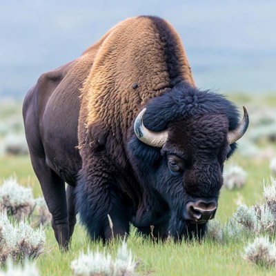 Bison grazing in grassy field
