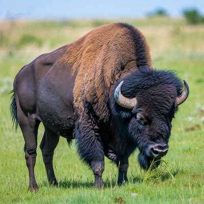 Bison grazing in green grassland