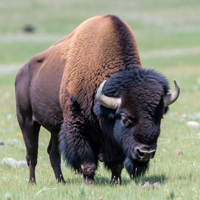Bison grazing in green grassland